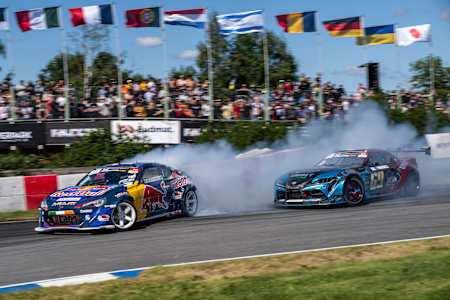 Conor Shanahan of Ireland and Kalle Rovanperae of Finland seen during the third stop of the Drift Masters European Championship at the Mika Salo Circuit in Alahaermae, Finland on July 8, 2023. 