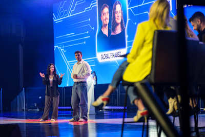 As a top 10 team in the Red Bull Basement World Final, Liliana Silva and Vasco Pires of Portugal pitch their idea, Lumination, in San Francisco, California, USA on June 3, 2026.