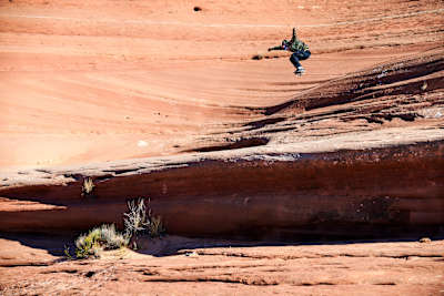 Florida's Zion Wright gets to grips with the wild surfaces of Moab during filming of Petrified Park in Moab, Utah, USA.
