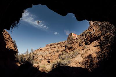 Szymon Godziek in action during his second-placed winning run at Red Bull Rampage in Virgin, Utah, USA on 21 October, 2022.