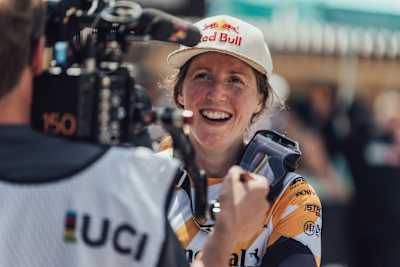 Rachel Atherton performs at UCI DH World Cup in Lenzerheide, Switzerland on July 9, 2022