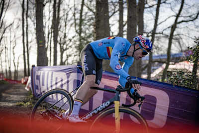 Wout van Aert racing at the Elite Men’s Race at the UCI 2023 Cyclocross World Championships Hoogerheide, Netherlands on February 5, 2023