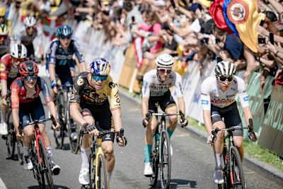 Wout van Aert (BEL) rolling in over the finish line in 2nd place on stage 2 from Vitoria-Gasteiz to San Sébastián (ESP/209km) of the 110th Tour de France 2023 on 2 July 2023.