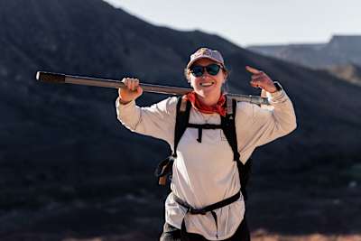 Hannah Bergemann seen with a spade during her dig ahead of Red Bull Rampage 2026.
