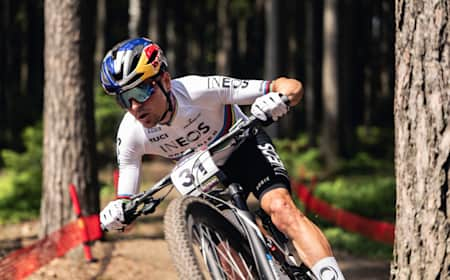 Tom Pidcock rides at the UCI XCO World Cup in Nove Mesto na Morave, Czech Republic on May 26, 2024