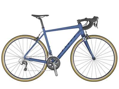De blauwe Scott Speedster 20 mountainbike met grijze en gele afwerkingen.