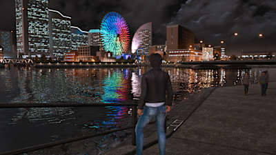 Yagami steht vor dem großen Kanal in Yokohama
