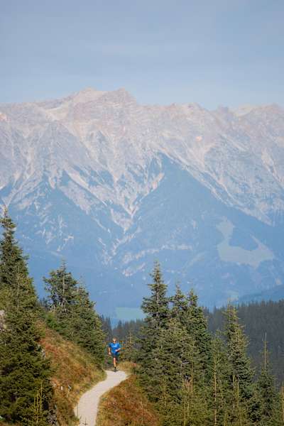 Person runs towards camera on mountain track surrounded by trees and with big mountain backdrops.
