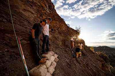 Carson Storch scouts his line during the Red Bull Rampage in Virgin, Utah, USA on 9 October, 2021.