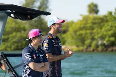 Daniel Ricciardo and Yuki Tsunoda competing in the Unserious Race in Miami, Florida, USA on May 4, 2023.