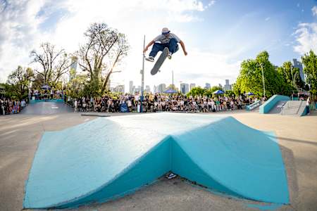 Alex Sorgente blasts a 360 kickflip over the funbox during the Red Bull Drop-In Tour of Australia