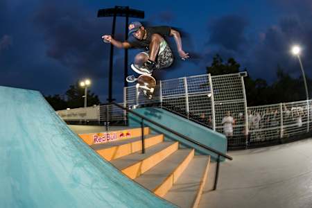 Zion Wright does a hardflip at Red Bull Drop In Tour in Japan in 2023