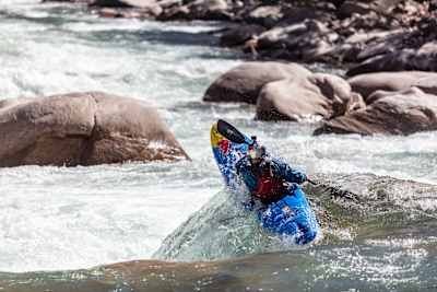 Adrian Mattern negotiates a set of rapids during his kayaking expedition to the Sary-Jaz river in Kyrgyrzstan's Tian Shan mountains.