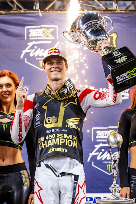 Jett Lawrence celebrates his win at the Los Angeles Coliseum 