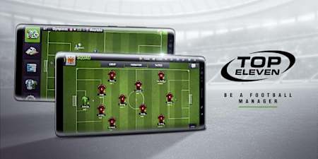 A promotional image from Top Eleven showing teamsheets on two mobile phones