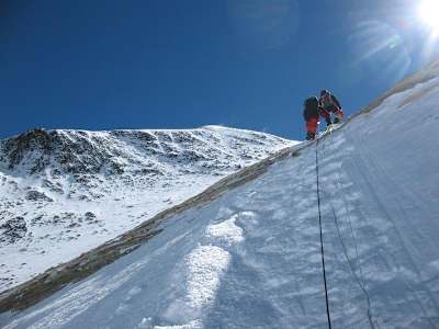 Climbing through the Yellow Band on Mount Everest, May 2007.