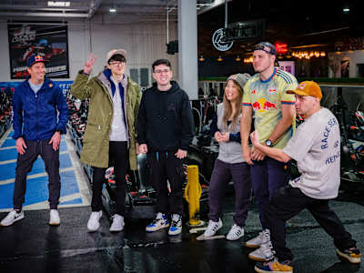 Scott Speed, iiTzTimmy, C9 Blackoutz, Tiffae, Mike LaBelle, and GrandPooBear pose for portrait during Red Bull Media Day in Burbank, California, USA on March 22, 2023.