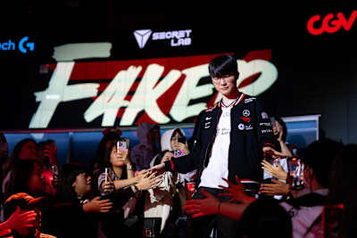 Faker descends into LoL Park in Seoul, South Korea.
