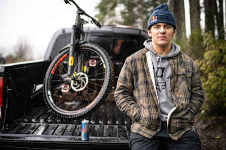 Finn Iles and his Specialized DH Bike in Duncan, Canada on December 18, 2020.