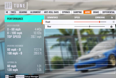 View of the Aero tuning menu in Forza Horizon 4.