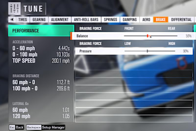 View of the Brake tuning menu in Forza Horizon 4.