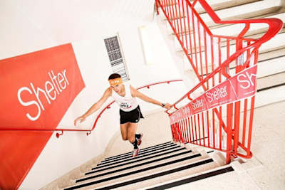 Piotr Lobodzinsk races up a stairwell at Tower 42 in London.