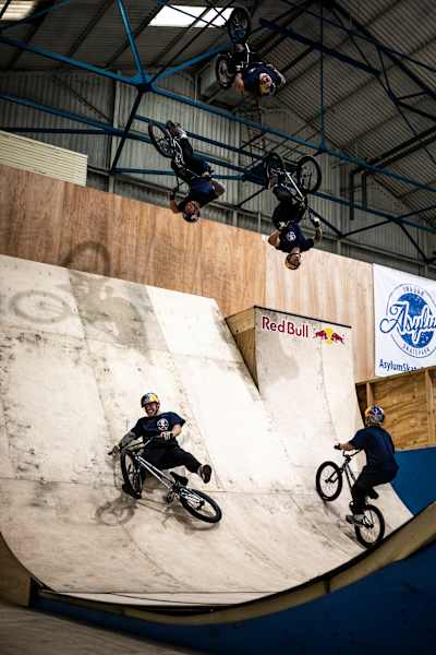Kieran Reilly crashes during a triple flair attempt at Asylum Skatepark in Nottingham, England.
