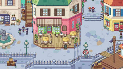 A screenshot from Spellbound showing a cartoon town centre.