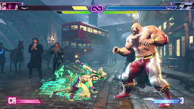 Juri dashes towards Zangief, glowing green 
