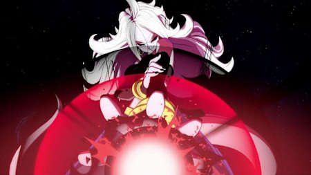 A screenshot of Android 21 from Dragon Ball FighterZ.