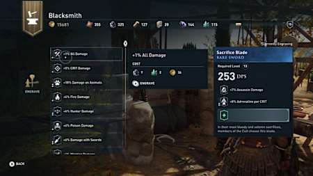 A screenshot of the blacksmith menu in Assassin's Creed Odyssey