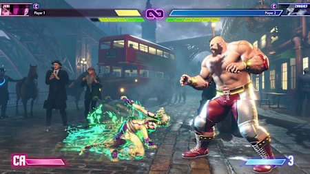Juri dashes towards Zangief, glowing green 