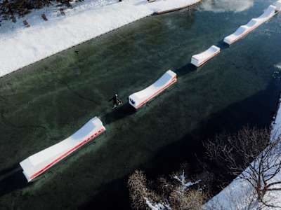 Pierre Vaultier jumps a gap during his project, Floating Shapes, in Serre Chevalier, France on January 18, 2025.