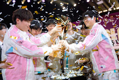 Bilibili Gaming lift the trophy after being crowned champions at First Stand Tournament Grand Finals on March 22, 2026 at the Riot Games Arena in São Paulo, Brazil. 
