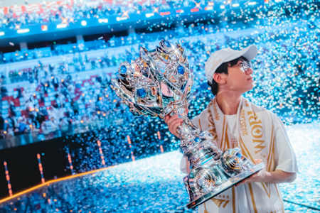 Keria of T1 celebrates onstage after being crowned champions at League of Legends Worlds 2025 Finals on November 8, 2025 in Chengdu, China.