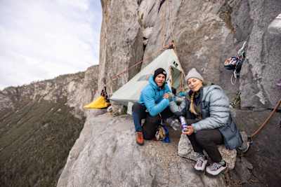 Sasha DiGiulian and climbing partner Elliot Faber seen while climbing the Platinum Wall route on El Capitan in Yosemite National Park.  