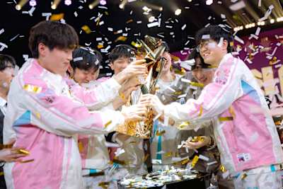 Bilibili Gaming lift the trophy after being crowned champions at First Stand Tournament Grand Finals on March 22, 2026 at the Riot Games Arena in São Paulo, Brazil. 