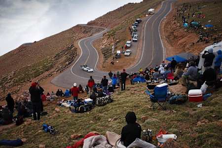 Romain Dumas tackles a curve during the 2018 Pikes Peak International Hillcmib in an electric VW.
