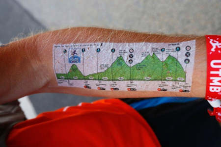 The UTMB race course temporarily tattooed on the arm of a UTMB runner
