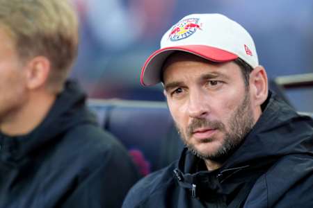 Football coach Sandro Schwarz seen in the dugout of New York Red Bulls.