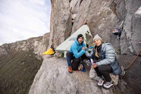 Sasha DiGiulian and climbing partner Elliot Faber seen while climbing the Platinum Wall route on El Capitan in Yosemite National Park.  