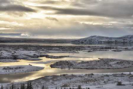 Snow-covered landscape in Iceland.