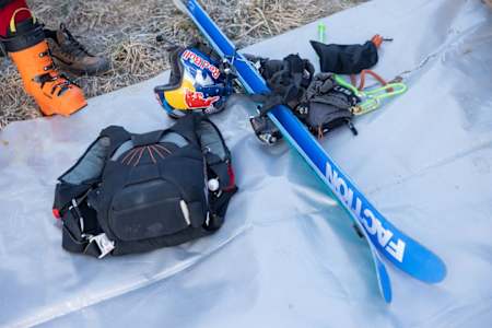 The equipment used by the Soul Flyer Fred Fugen to free fall with skis in La Clusaz as part of the Sky Skiing project.