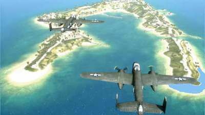 An aerial view of the Wake Island map in Battlefield 1942.