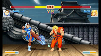 A screenshot of Ken and Chun Li fighting in Ultra Street Fighter II for the Nintendo Switch.