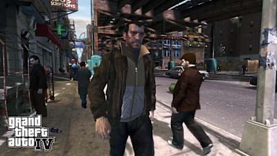 A screenshot from Grand Theft Auto IV showing a street scene.