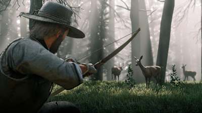 A screenshot of Arthur Morgan stowing a deer in Red Dead Redemption 2