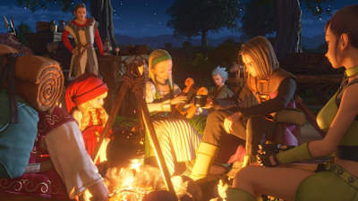 Screenshot of characters around a fire in Dragon Quest XI video game.
