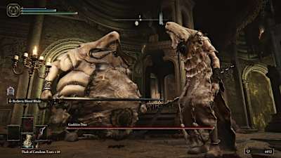 One thin and one fat humanoid opponent wrapped in white robes in Elden Ring.