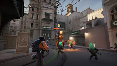 Screenshot aus Deadlock zeigt eine Spielfigur mit Minions beim Angriff auf einen Guardian.